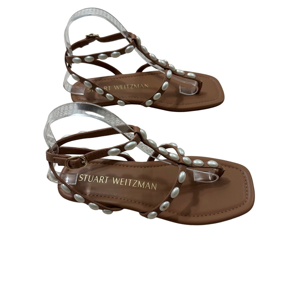 Stuart Weitzman Goldie Flat Sandal Adobe Leather Pearl T-Strap Womens 6B SH529